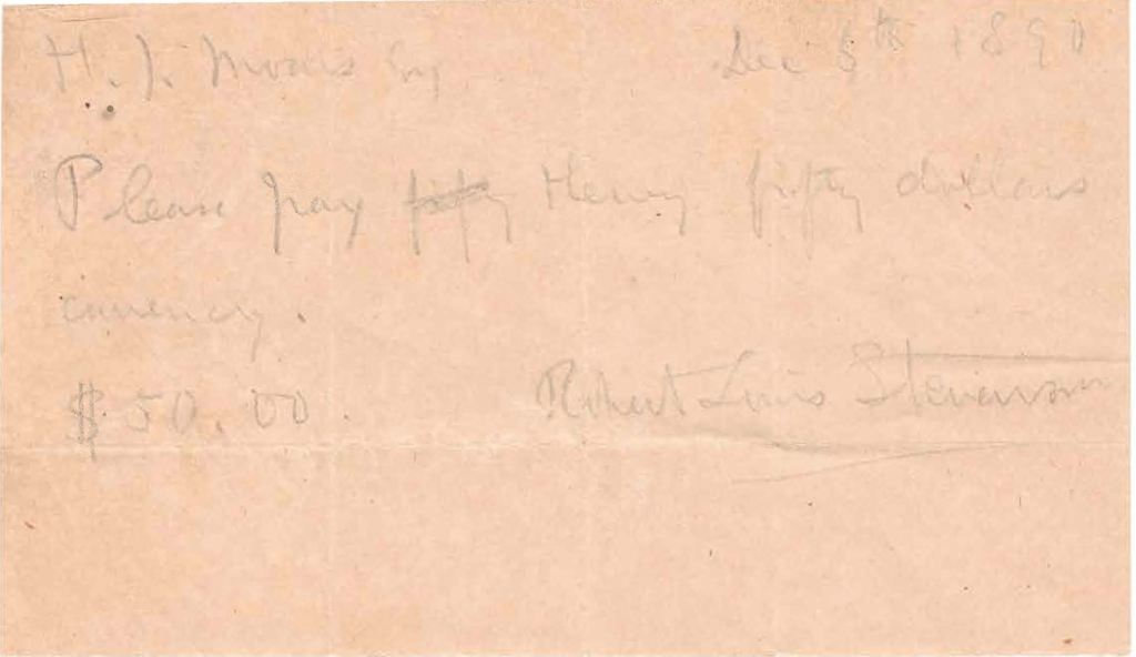 Robert Louis Stevenson signed letter 1890 37940