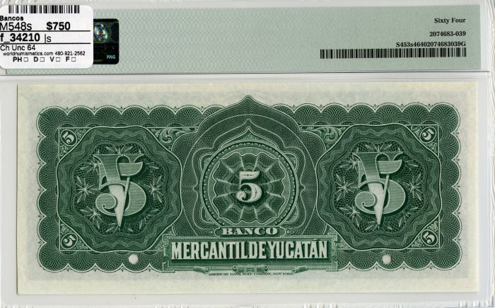 Bancos 5 Pesos 1989 Yucatan M548s PMG Ch Unc 64 f_34210Bancos 5 Pesos 1989 Yucatan M548s PMG Ch Unc 64 f_34210 - Image 2