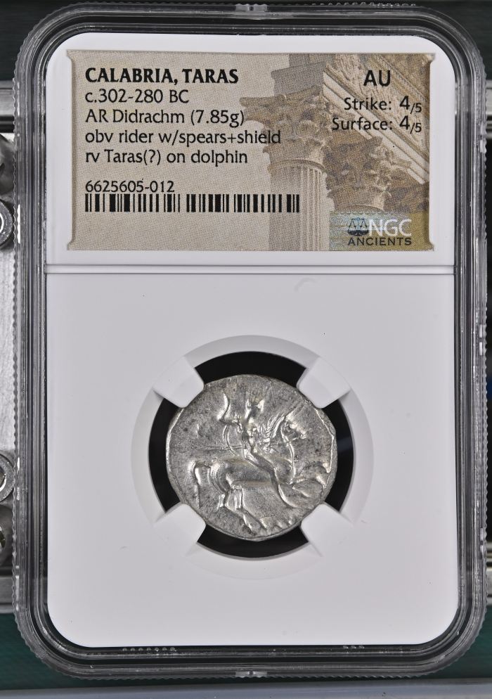 Calabria Taras c.302-280 BC AR Didrachm NGC AU 0126895Calabria Taras c.302-280 BC AR Didrachm NGC AU 0126895