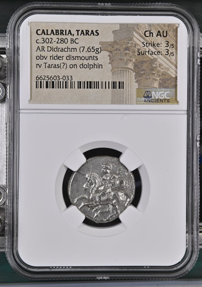 Calabria Taras c.302-280 BC AR Didrachm NGC Ch AU 0127028Calabria Taras c.302-280 BC AR Didrachm NGC Ch AU 0127028