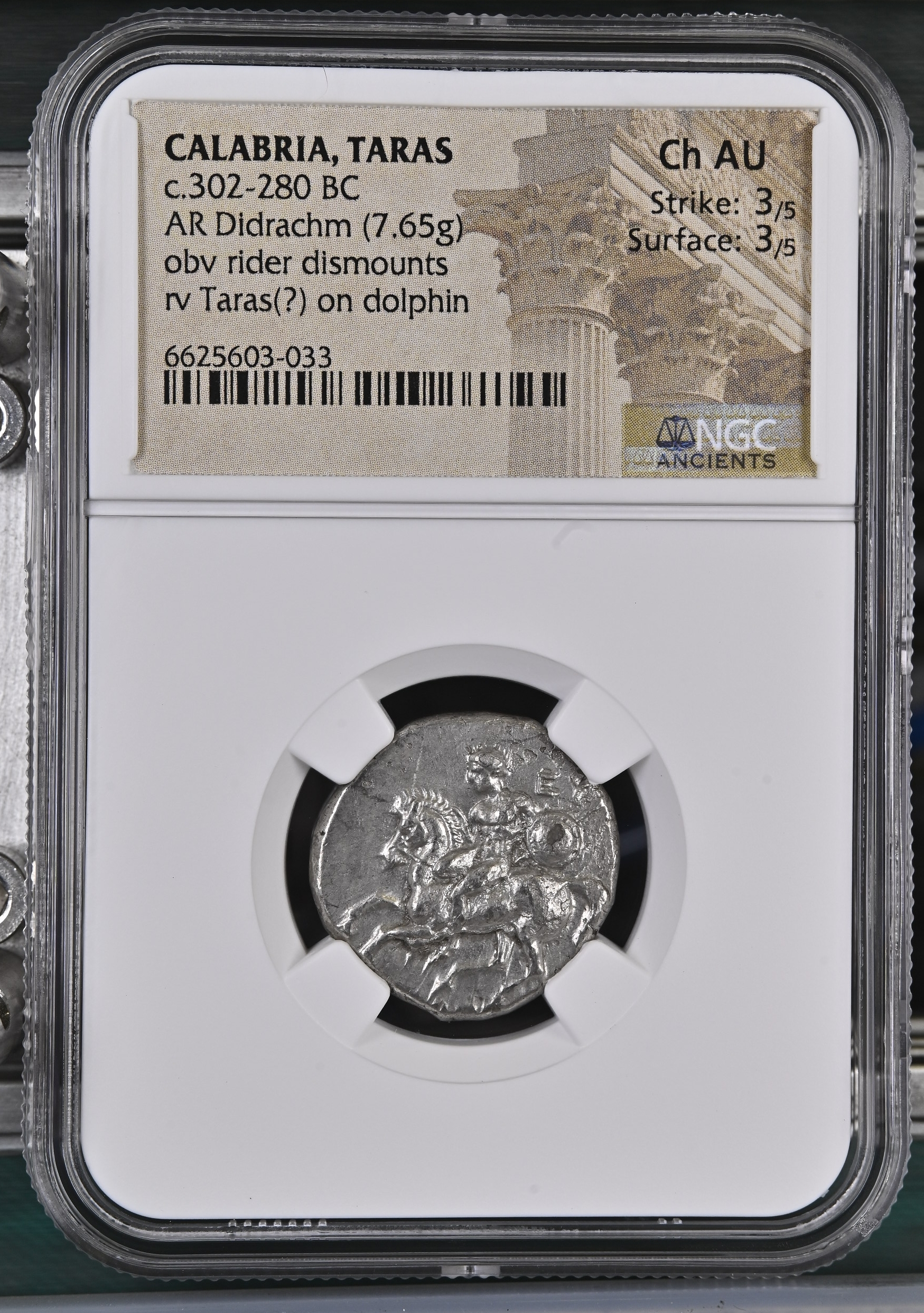 Calabria Taras c.302-280 BC AR Didrachm NGC Ch AU 0127028