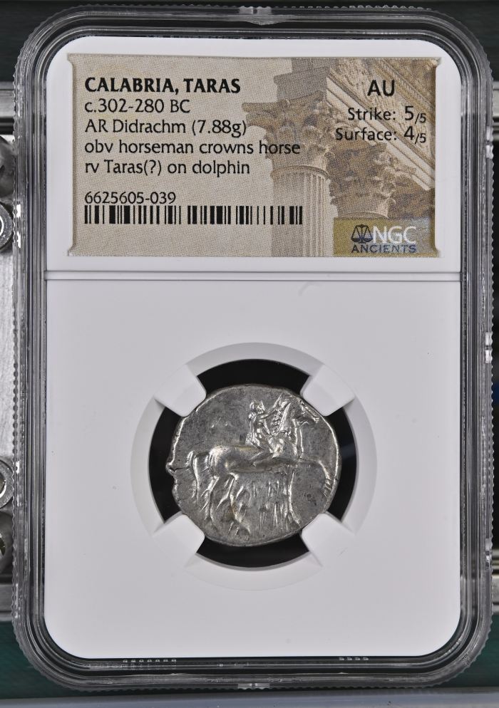 Calabria Taras c.302-280 BC AR Didrachm NGC Ch AU 0127056Calabria Taras c.302-280 BC AR Didrachm NGC Ch AU 0127056