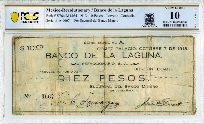 Revolutionary Currency 10 Pesos 1913 Durango M1464 PCGS VG10 f_34290Revolutionary Currency 10 Pesos 1913 Durango M1464 PCGS VG10 f_34290