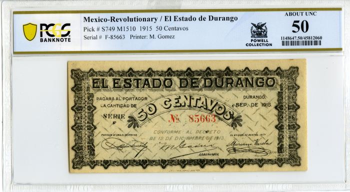 Revolutionary Currency 50 Centavos 1915 Durango M1510 PCGS AU50 f_34292Revolutionary Currency 50 Centavos 1915 Durango M1510 PCGS AU50 f_34292