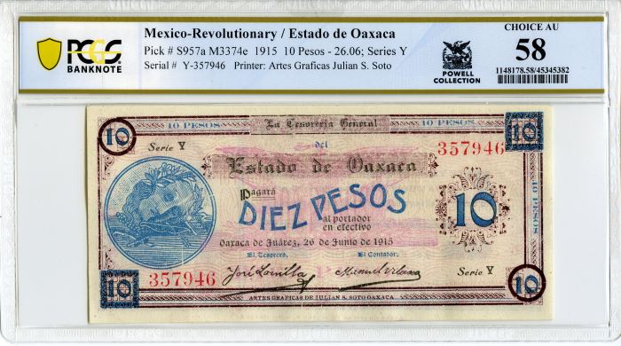 Revolutionary Currency 10 Pesos 1915 Oaxaca M3374e PCGS Ch AU58 f_34309Revolutionary Currency 10 Pesos 1915 Oaxaca M3374e PCGS Ch AU58 f_34309