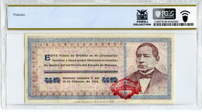 Revolutionary Currency 10 Pesos 1915 Oaxaca M3374e PCGS Ch AU58 f_34309Revolutionary Currency 10 Pesos 1915 Oaxaca M3374e PCGS Ch AU58 f_34309 - Image 2
