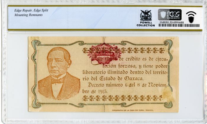 Revolutionary Currency 50 Pesos 1915 Oaxaca M3376a PCGS AU53 f_34311Revolutionary Currency 50 Pesos 1915 Oaxaca M3376a PCGS AU53 f_34311 - Image 2