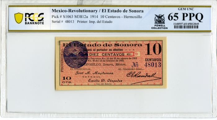 Revolutionary Currency 10 Centavos 1914 Sonora M3812a PCGS Gem UNC 65 PPQ f_34320Revolutionary Currency 10 Centavos 1914 Sonora M3812a PCGS Gem UNC 65 PPQ f_34320