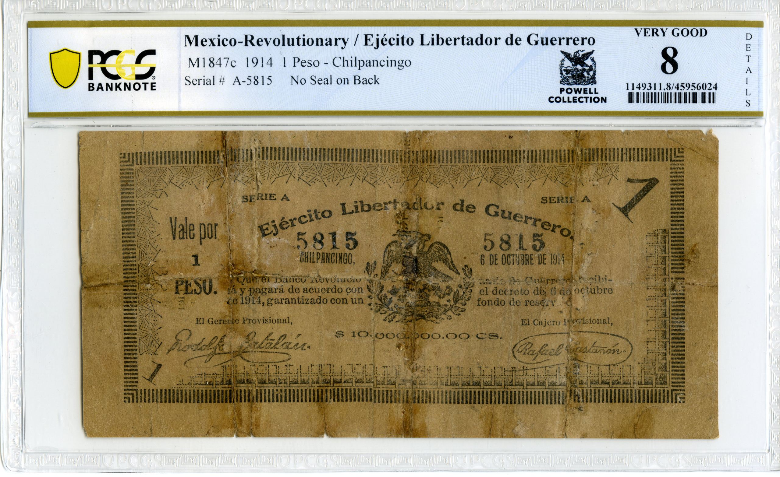 Revolutionary Currency Peso 1914 Guerrero M1847c PCGS VG8 f_34337