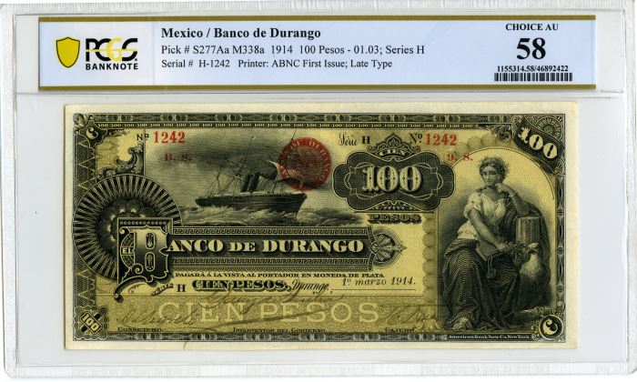 Bancos 100 Pesos 1914 Durango M338a PCGS Ch AU58 f_34565Bancos 100 Pesos 1914 Durango M338a PCGS Ch AU58 f_34565