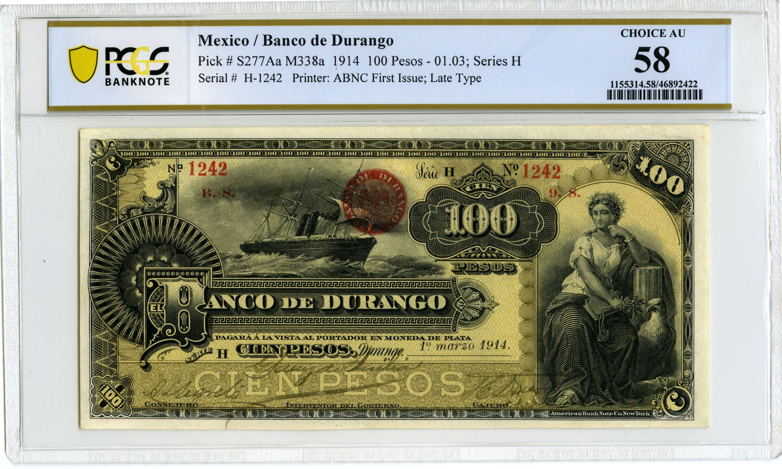 Bancos 100 Pesos 1914 Durango M338a PCGS Ch AU58 f_34565