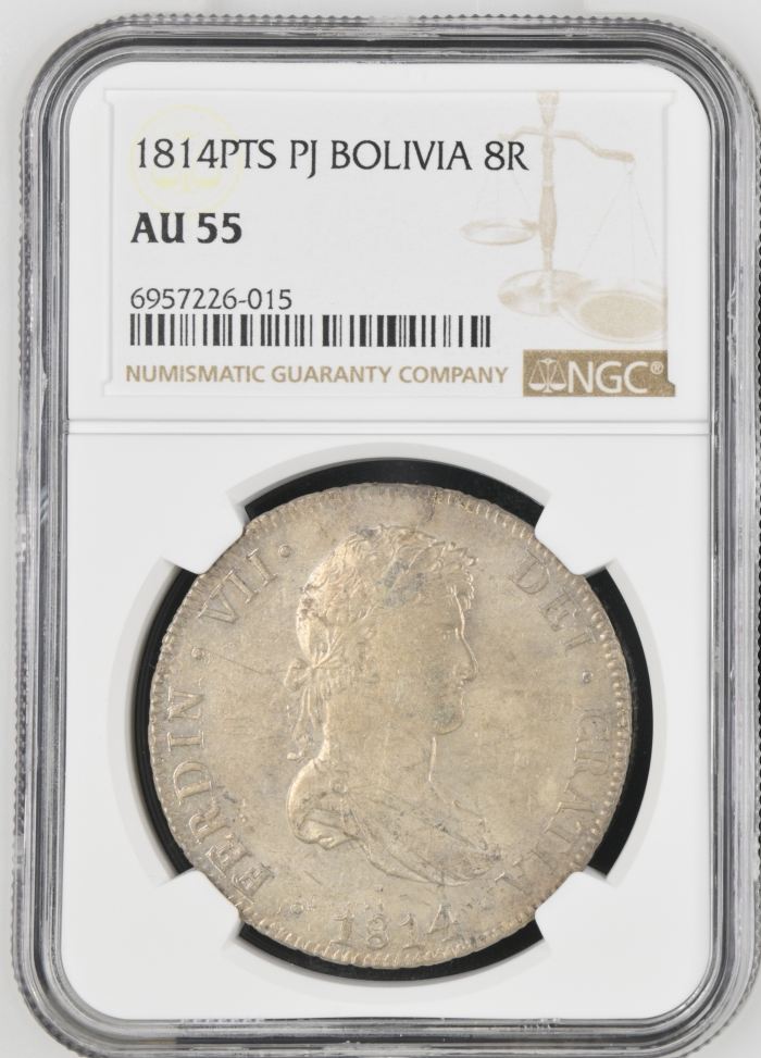 Bolivia 8 Reales 1814 Pts PJ NGC AU55 0135941Bolivia 8 Reales 1814 Pts PJ NGC AU55 0135941