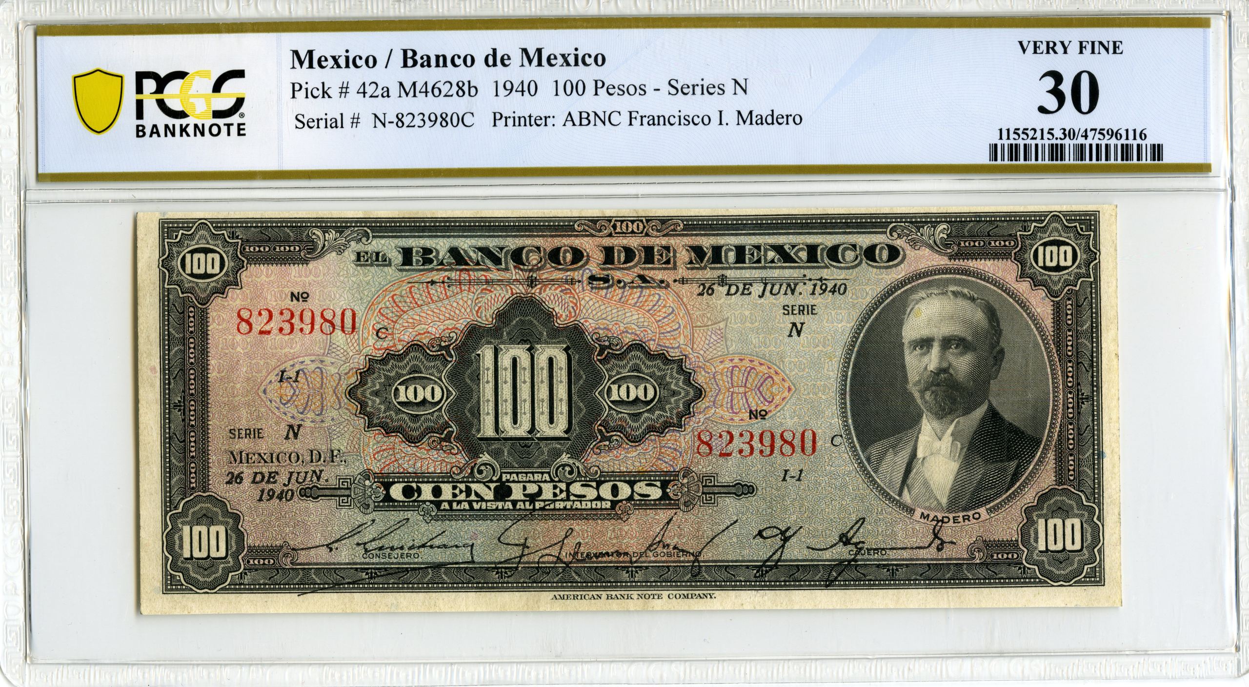 Banco De Mexico 100 Pesos 1940 PCGS VF30 Pick#42a f_34665