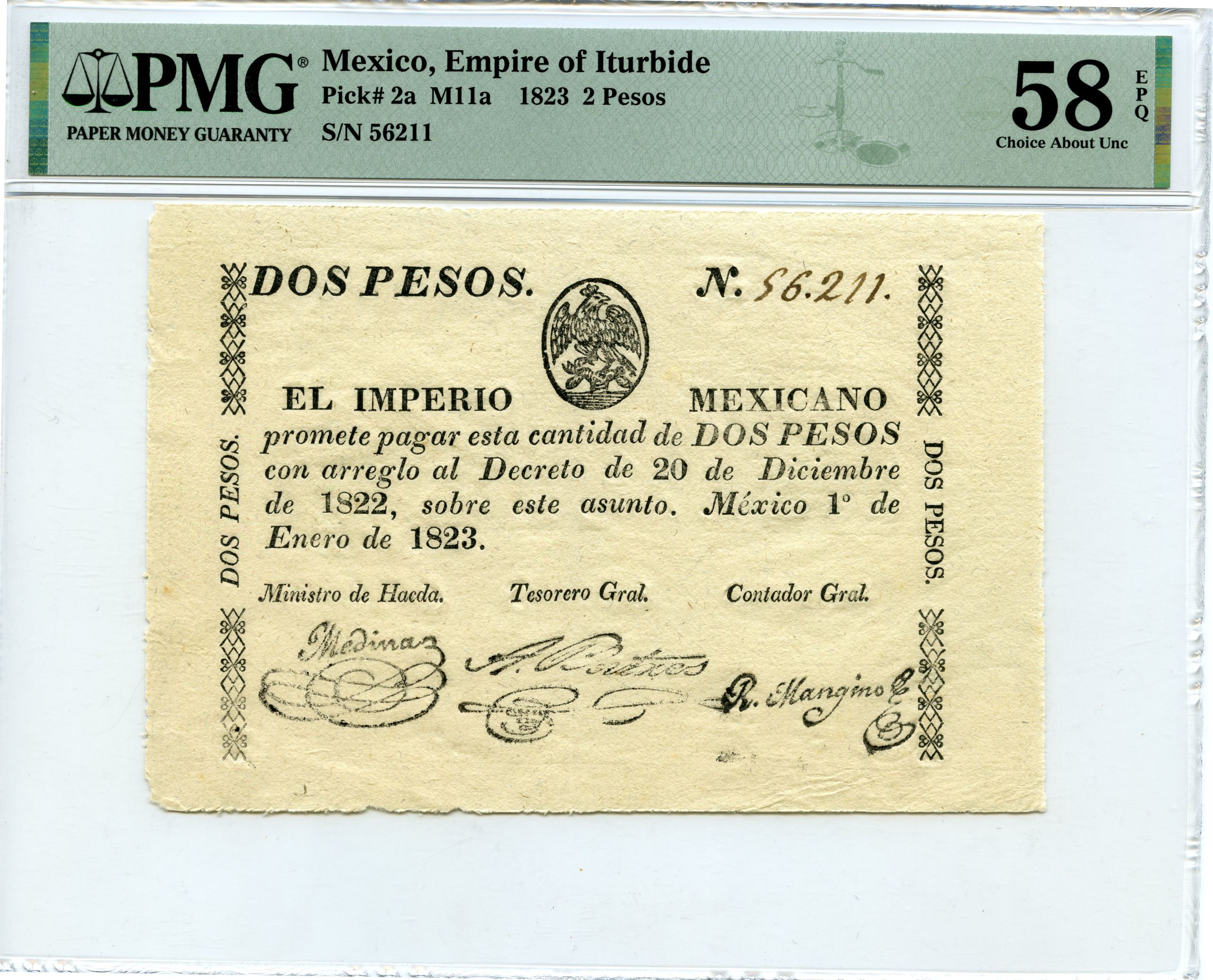 Imperial & Early Republic 2 Pesos 1823 M11a PMG Ch AU58 EPQ f_34815