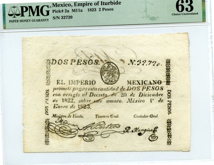 Imperial & Early Republic 2 Peso 1823 Distrito Federal M11a PMG Ch UNC63 f_34861Imperial & Early Republic 2 Peso 1823 Distrito Federal M11a PMG Ch UNC63 f_34861