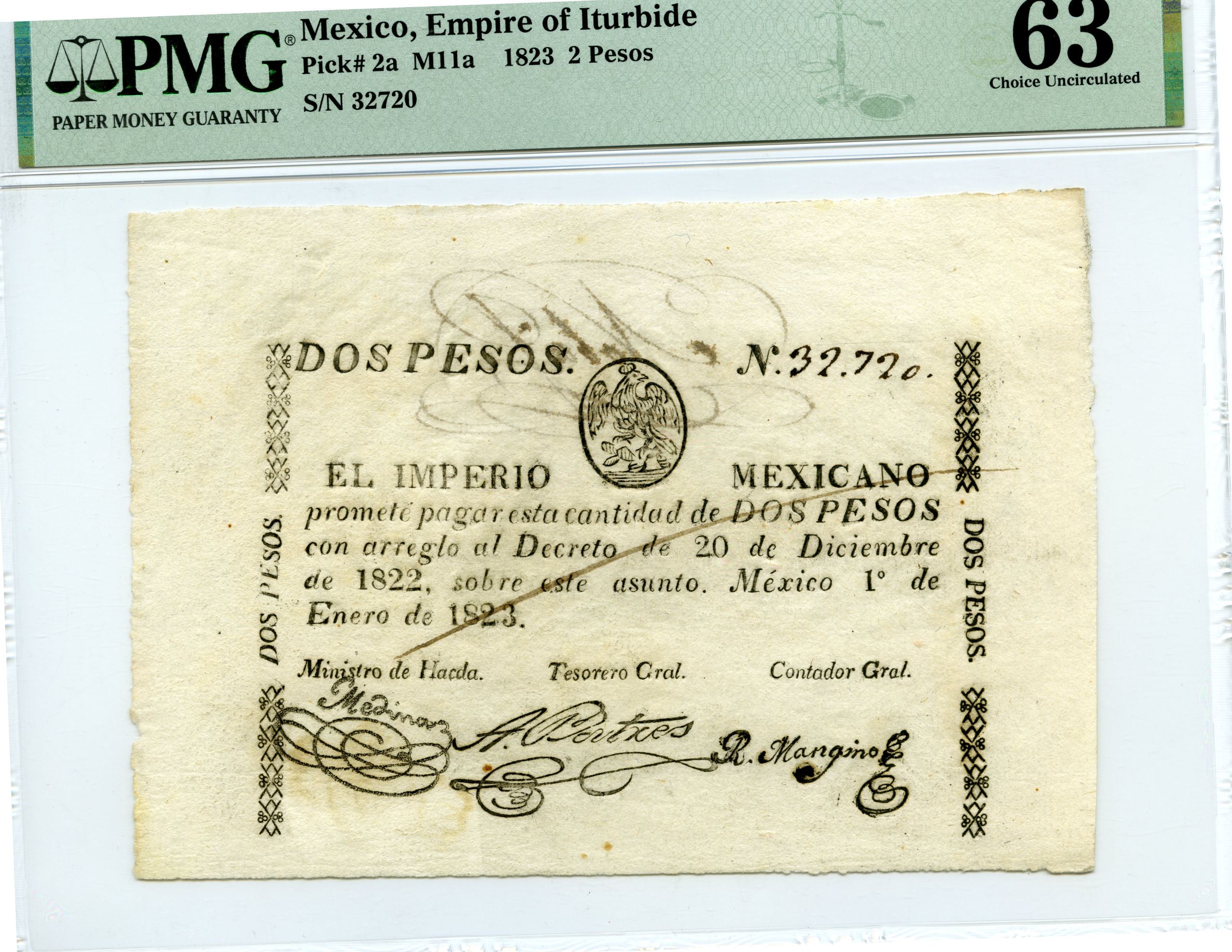 Imperial & Early Republic 2 Peso 1823 Distrito Federal M11a PMG Ch UNC63 f_34861
