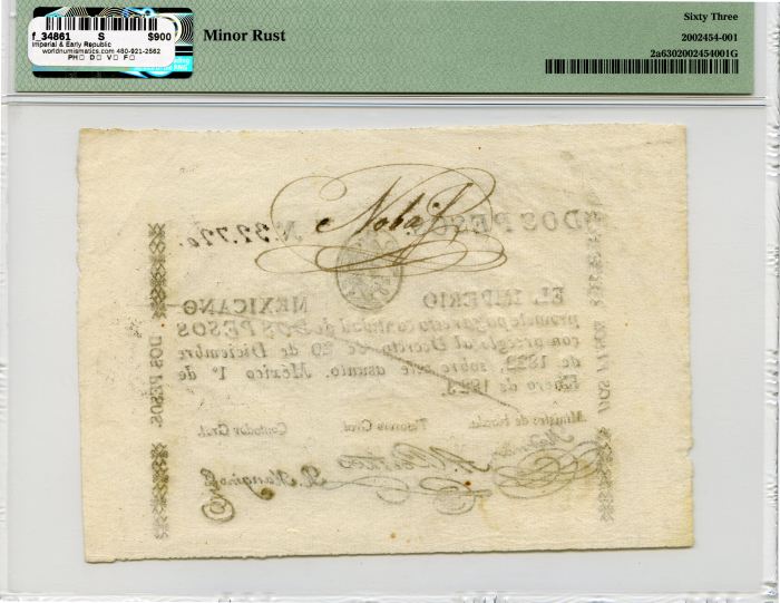 Imperial & Early Republic 2 Peso 1823 Distrito Federal M11a PMG Ch UNC63 f_34861Imperial & Early Republic 2 Peso 1823 Distrito Federal M11a PMG Ch UNC63 f_34861 - Image 2