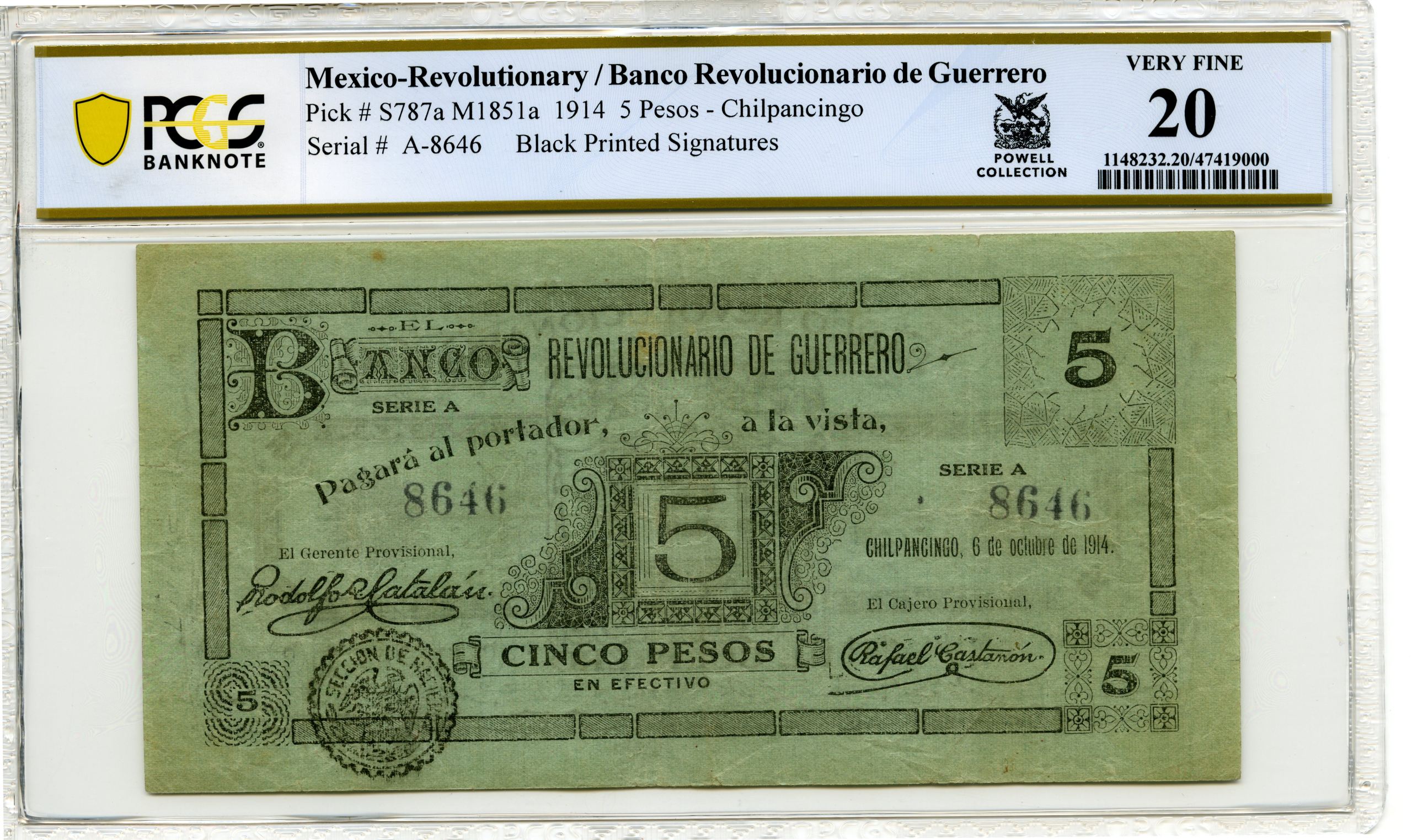 Revolutionary Currency 5 Pesos 1914 Guerrero M1851a PCGS VF20 f_34955