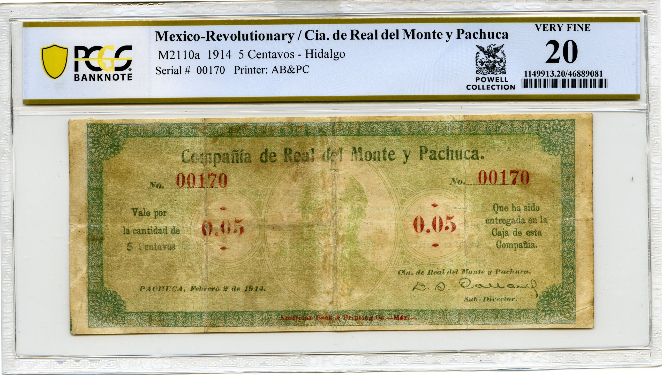 Revolutionary Currency 5 Centavos 1914 Hidalgo M2110a PCGS VF20 f_34964
