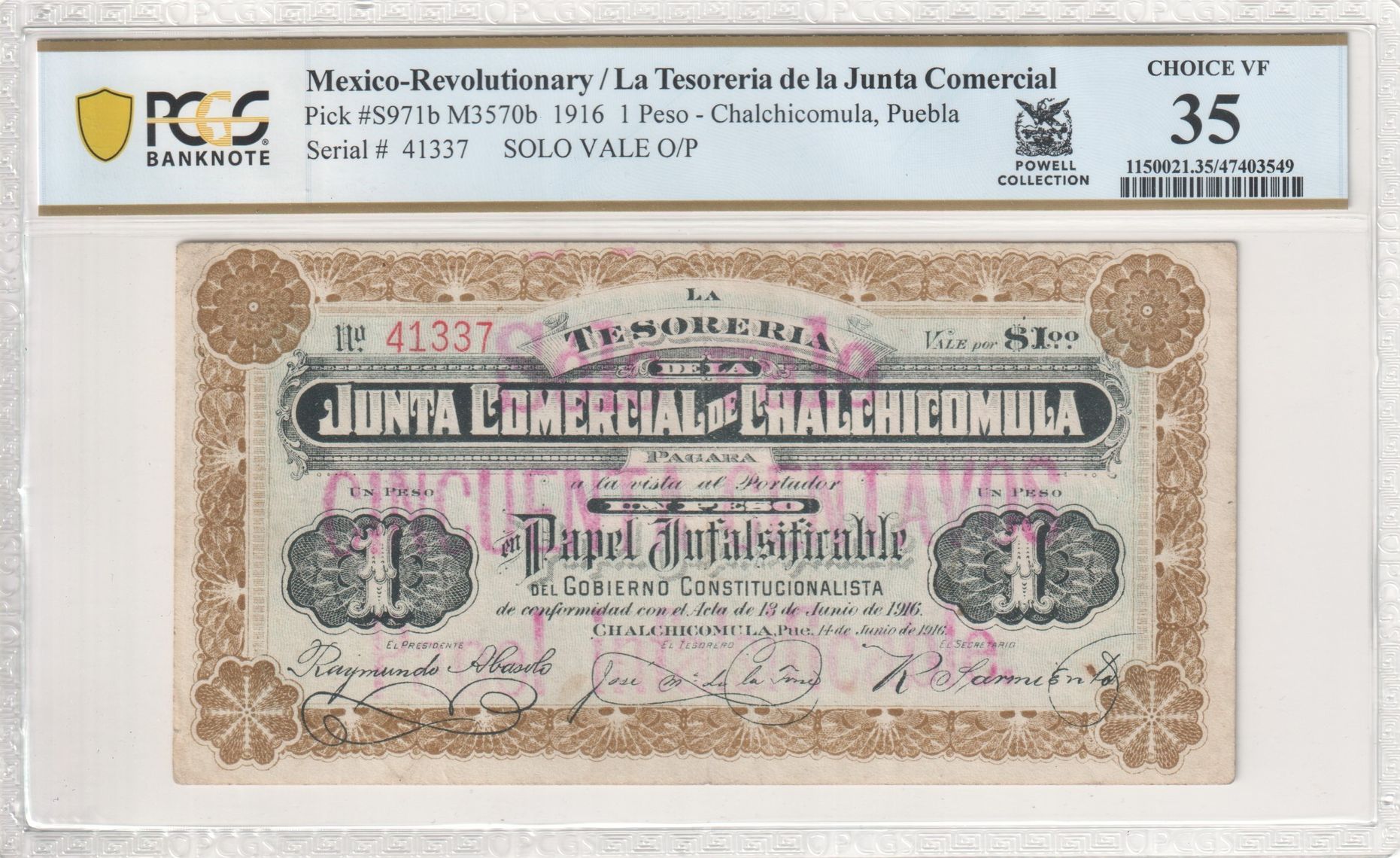 Revolutionary Currency Peso 1916 Puebla M3570b PCGS Ch VF35 f_35103