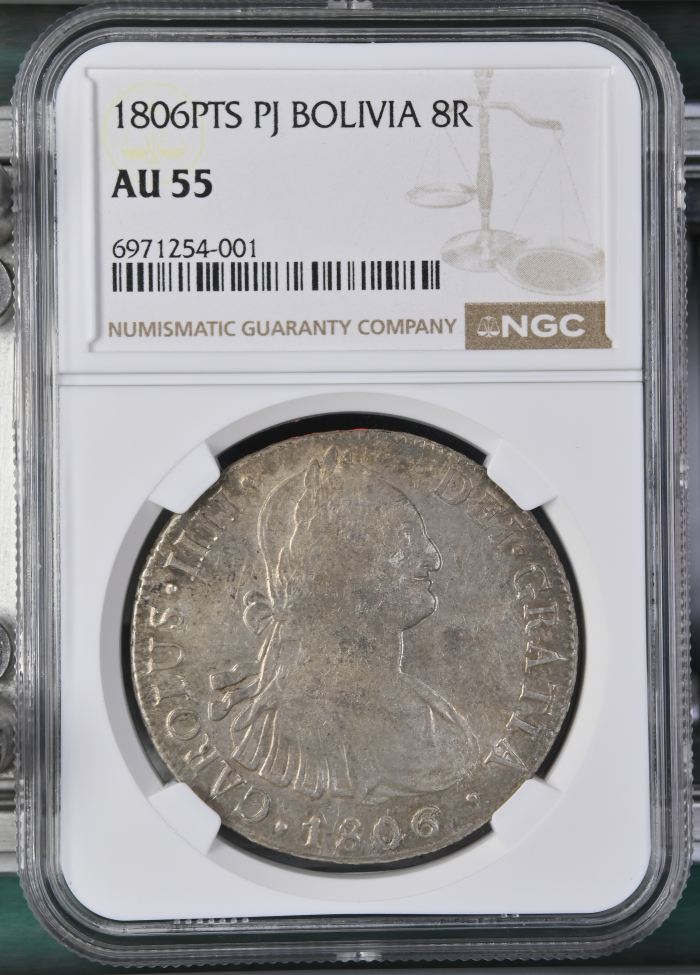 Bolivia 8 Reales 1806 Pts PJ NGC AU55 0141678Bolivia 8 Reales 1806 Pts PJ NGC AU55 0141678