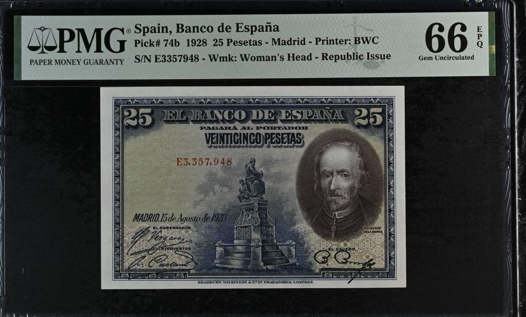 Spain 25 Pesetas 1928 PMG Gem UNC66 EPQ Pick #74b 0141776