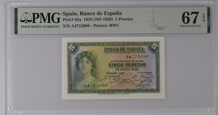 Spain 5 Pesetas 1935 PMG Superb Gem UNC67 EPQ Pick #85a 0141777