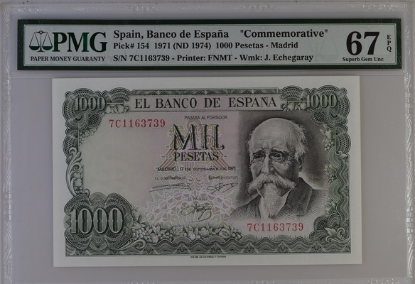 Spain 1,000 Pesetas 1971 PMG Superb Gem UNC67 EPQ Pick #154 0141778