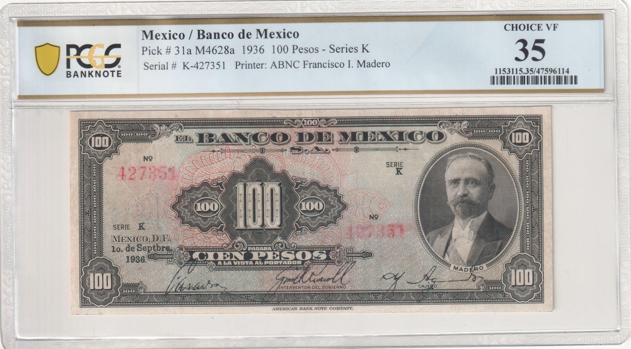 Banco De Mexico 100 Pesos 1936 Pick #31a PCGS Ch VF35 f_35189