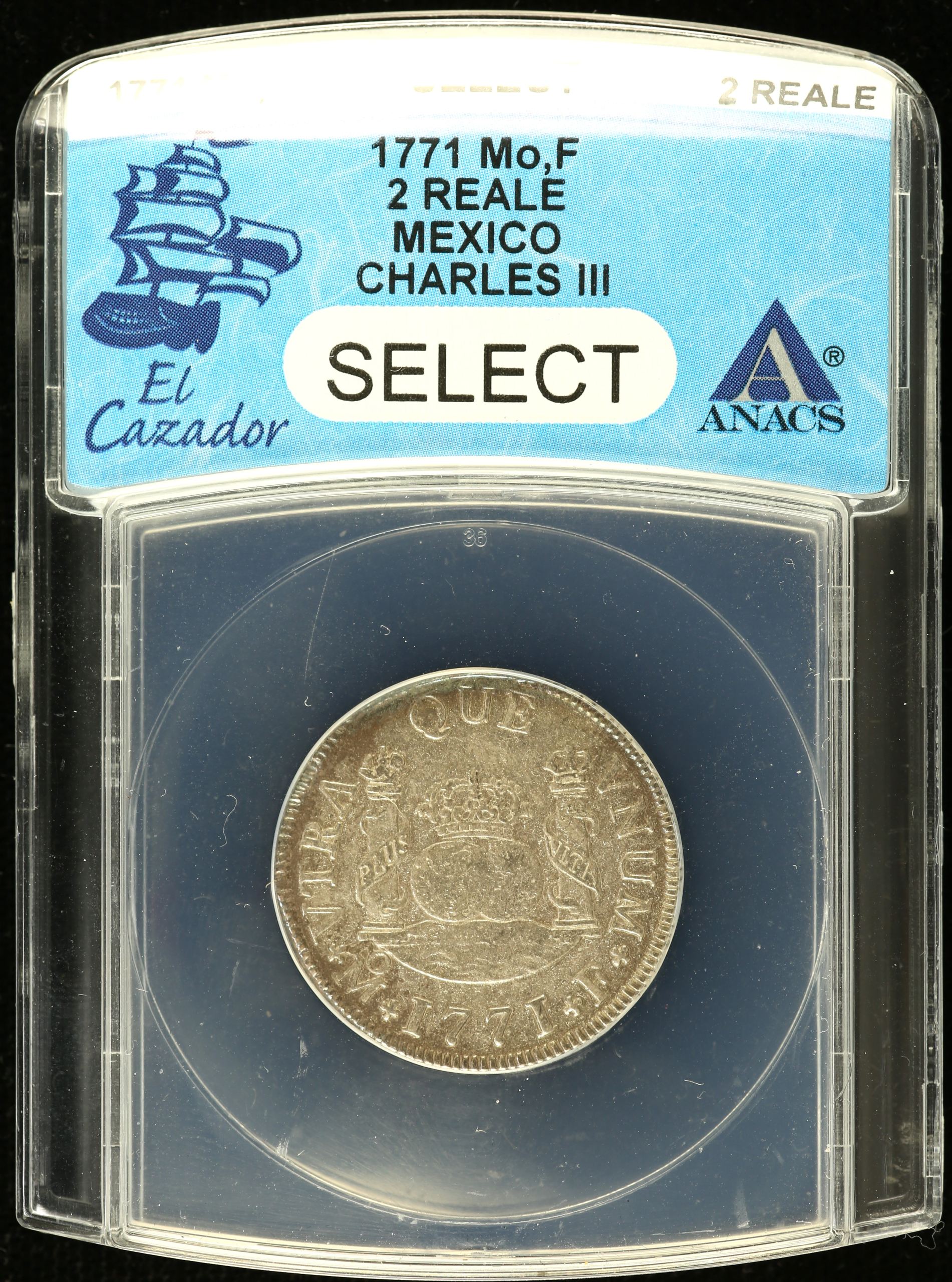 El Cazador (1784) 2 Reales 1771 Mo F ANACS Select 0141654