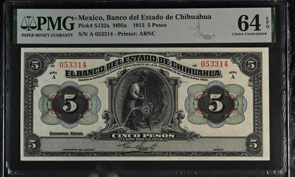 Bancos 5 Pesos 1913 Chihuahua M95a PMG Ch UNC64 EPQ f_35212