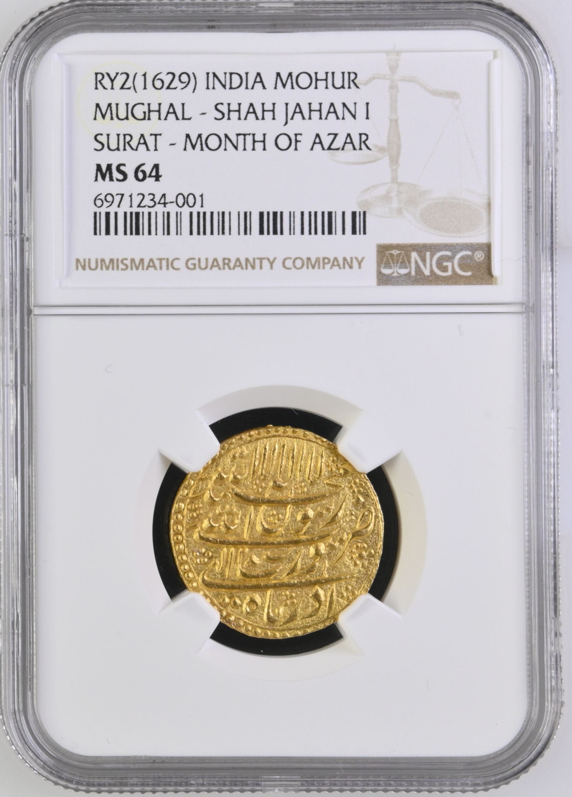 India Gold Mohur RY2(1629) Mughal NGC MS64 0142590