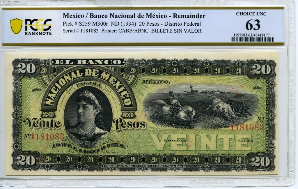 Bancos 20 Pesos (1934) Distrito Federal M300r PCGS Ch UNC63 f_35254