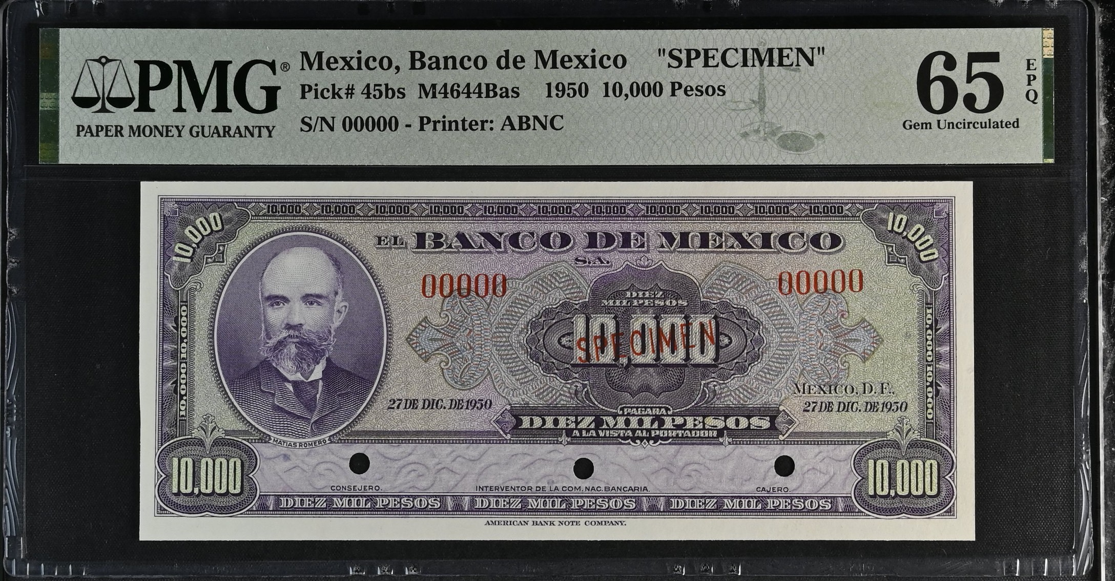 Banco De Mexico 10,000 Pesos 1950 Pick #45bs PMG Gem UNC65 EPQ f_35346