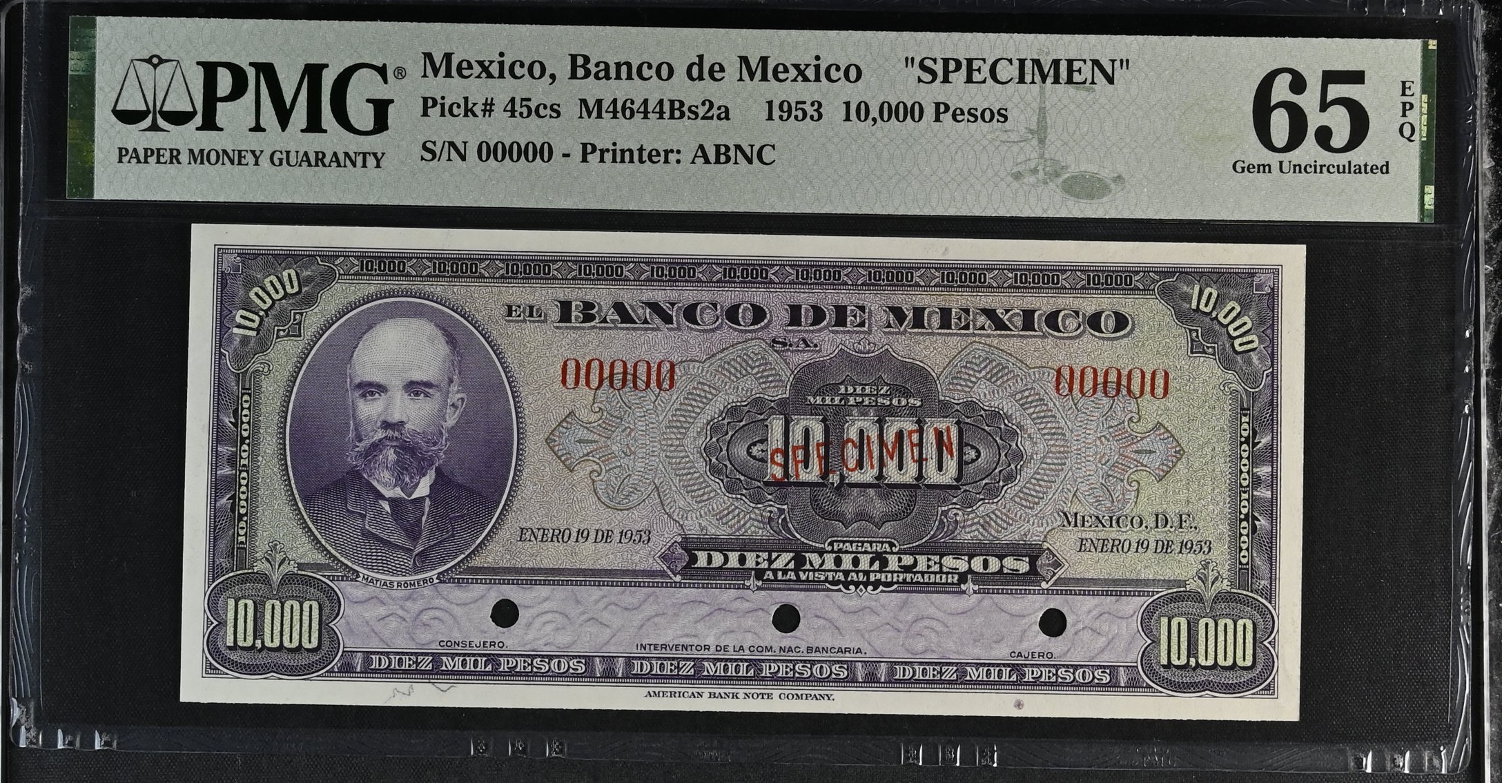 Banco De Mexico 10,000 Pesos 1953 Pick #45cs PMG Gem UNC65 EPQ f_35347