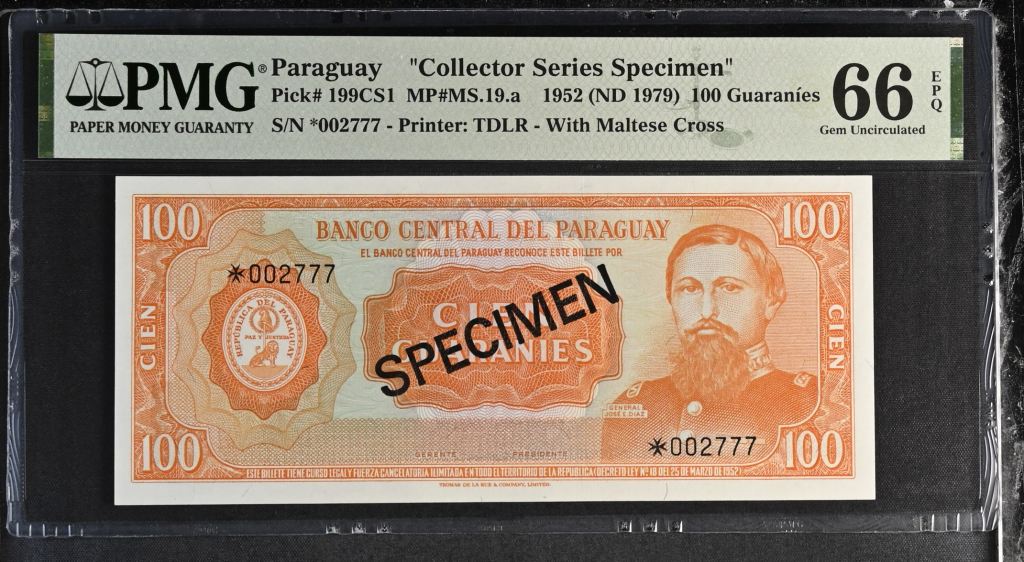 Paraguay 100 Guaranies 1952 PMG Gem UNC66 EPQ Pick #199CS1 0143359