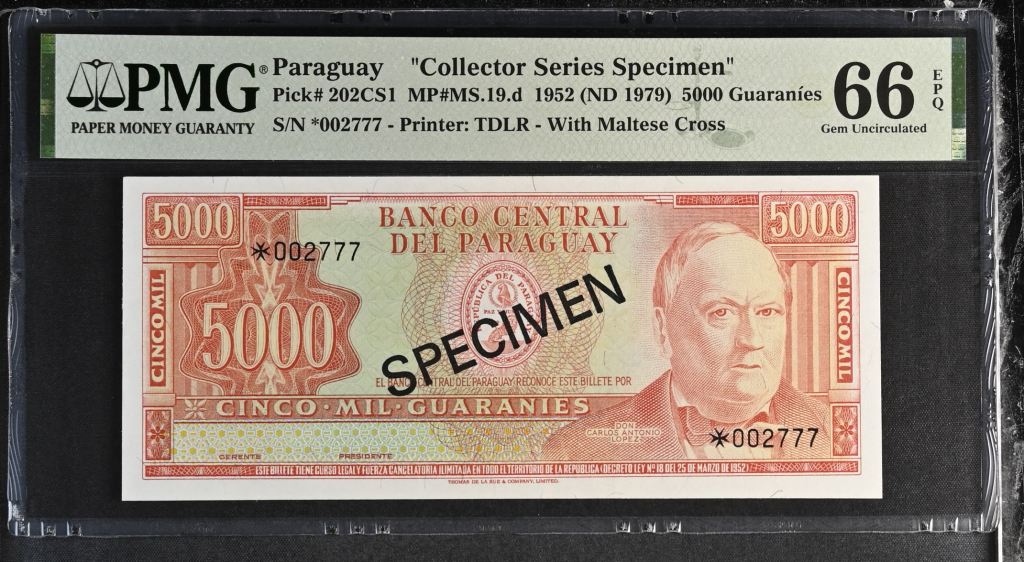 Paraguay 5,000 Guaranies 1952 PMG Gem UNC66 EPQ Pick #202CS1 0143362