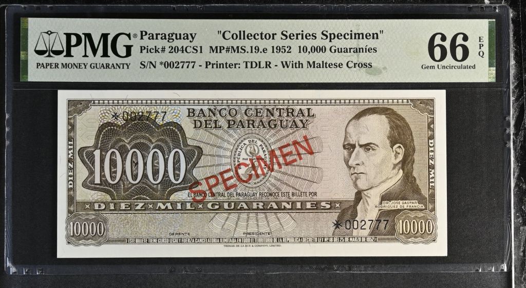 Paraguay 10,000 Guaranies 1952 PMG Gem UNC66 EPQ Pick #204CS1 0143363