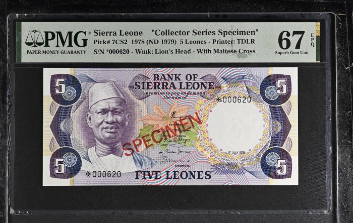 Sierra Leone 5 Leones 1978 PMG Superb Gem UNC67 EPQ Pick #7CS2 0143487Sierra Leone 5 Leones 1978 PMG Superb Gem UNC67 EPQ Pick #7CS2 0143487