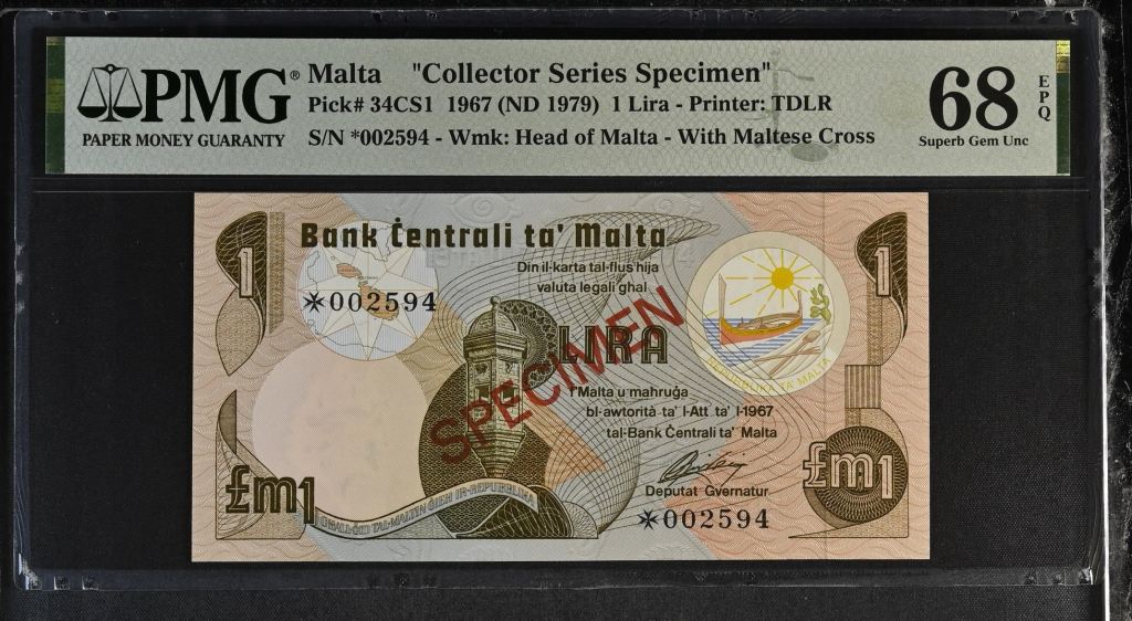 Malta Lira 1967 Pick #34CS1 PMG Superb Gem UNC68 EPQ 0143612