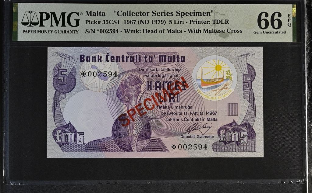 Malta 5 Liri 1967 Pick #35CS1 PMG Gem UNC66 EPQ 0143613