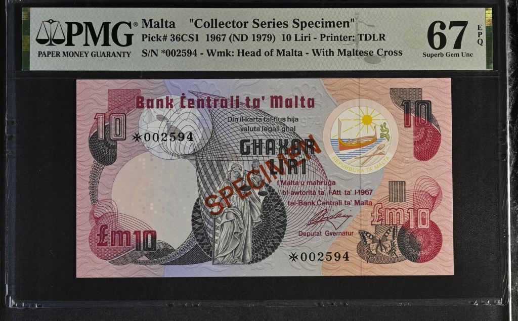 Malta 10 Liri 1967 Pick #36CS1 PMG Superb Gem UNC67 EPQ 0143614