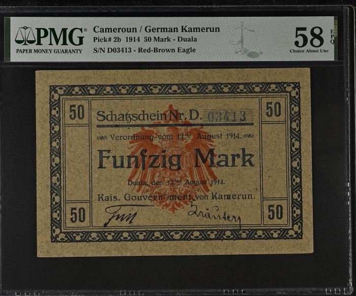Cameroun German Kamerun 50 Mark 1914 PMG Ch AU58 EPQ Pick #2b 0144681Cameroun German Kamerun 50 Mark 1914 PMG Ch AU58 EPQ Pick #2b 0144681