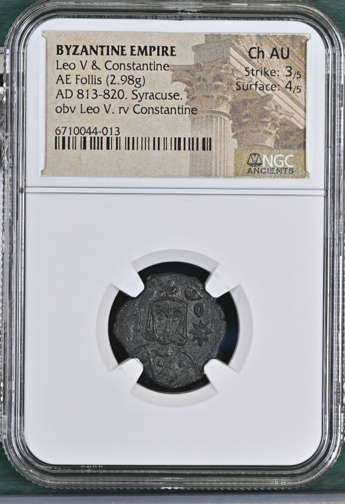 Byzantine Leo V & Constantine AE Follis NGC Ch AU 0144761