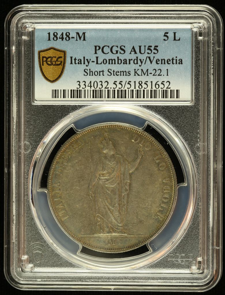 Italy/San Marino/Vatican 5 Lire 1848 M PCGS AU55 KM-22.1 0145044