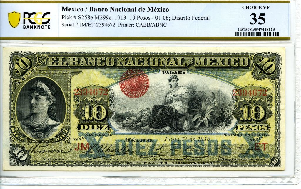 Bancos 10 Pesos 1913 Distrito Federal M299e PCGS Ch VF35 f_35449