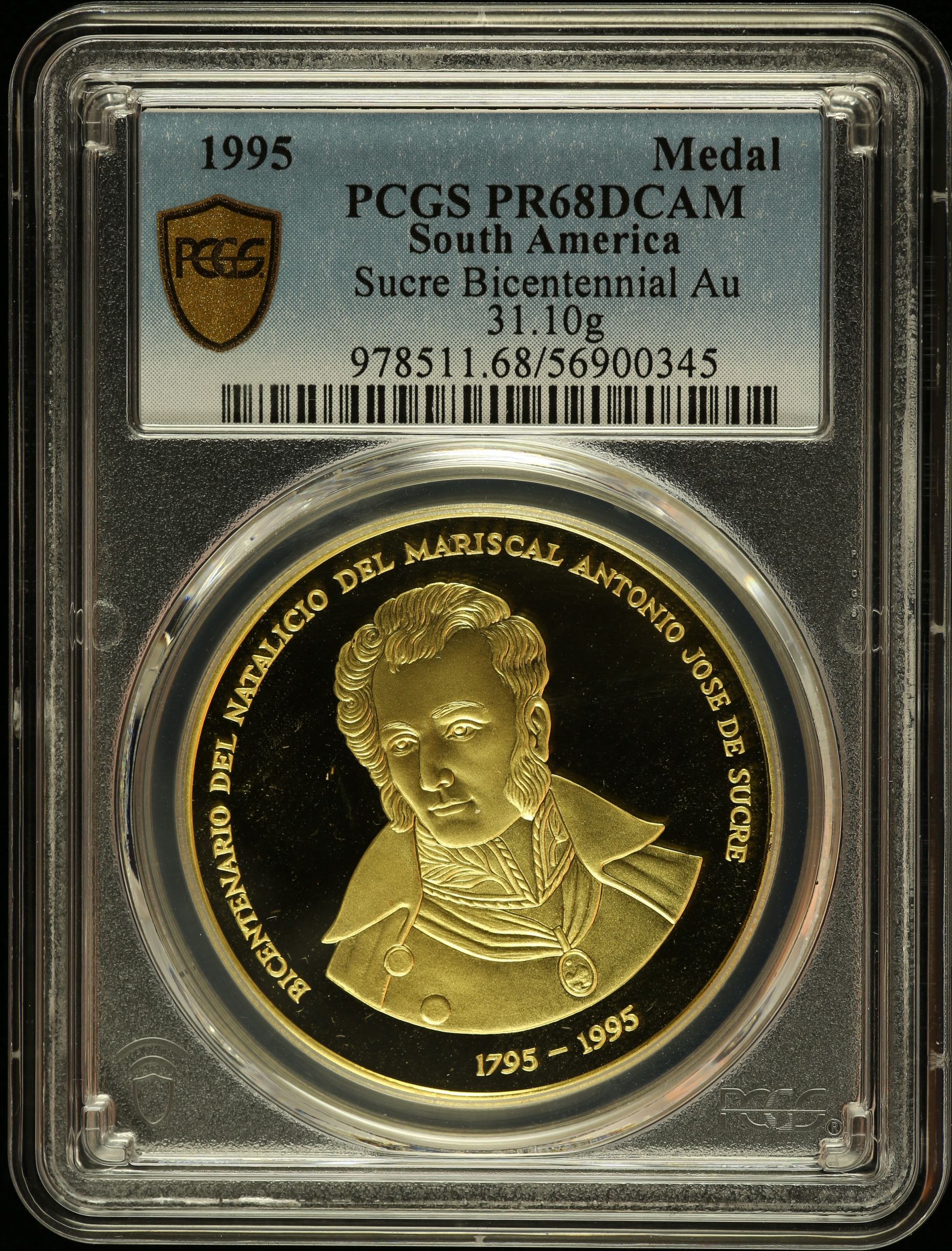 Venezuela Sucre Bicentennial Gold Medal 1995 PCGS PR68DCAM 0145622