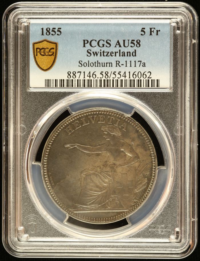 Switzerland 5 Franc 1855 Solothurn R-1117a PCGS AU58 0145974Switzerland 5 Franc 1855 Solothurn R-1117a PCGS AU58 0145974